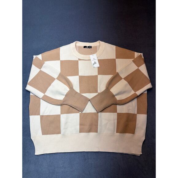 Lillusory Sweaters - NWT Lillusory Tan/Cream Checkered Sweater Crew Neck Women's Size 2XL Oversized